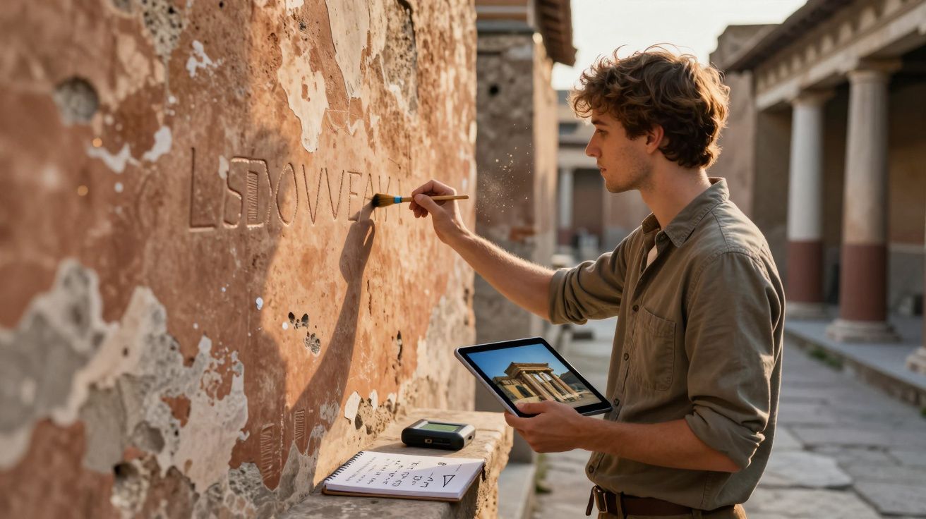 Jovem restaura inscrições antigas numa parede enquanto consulta imagem num tablet num local arqueológico.