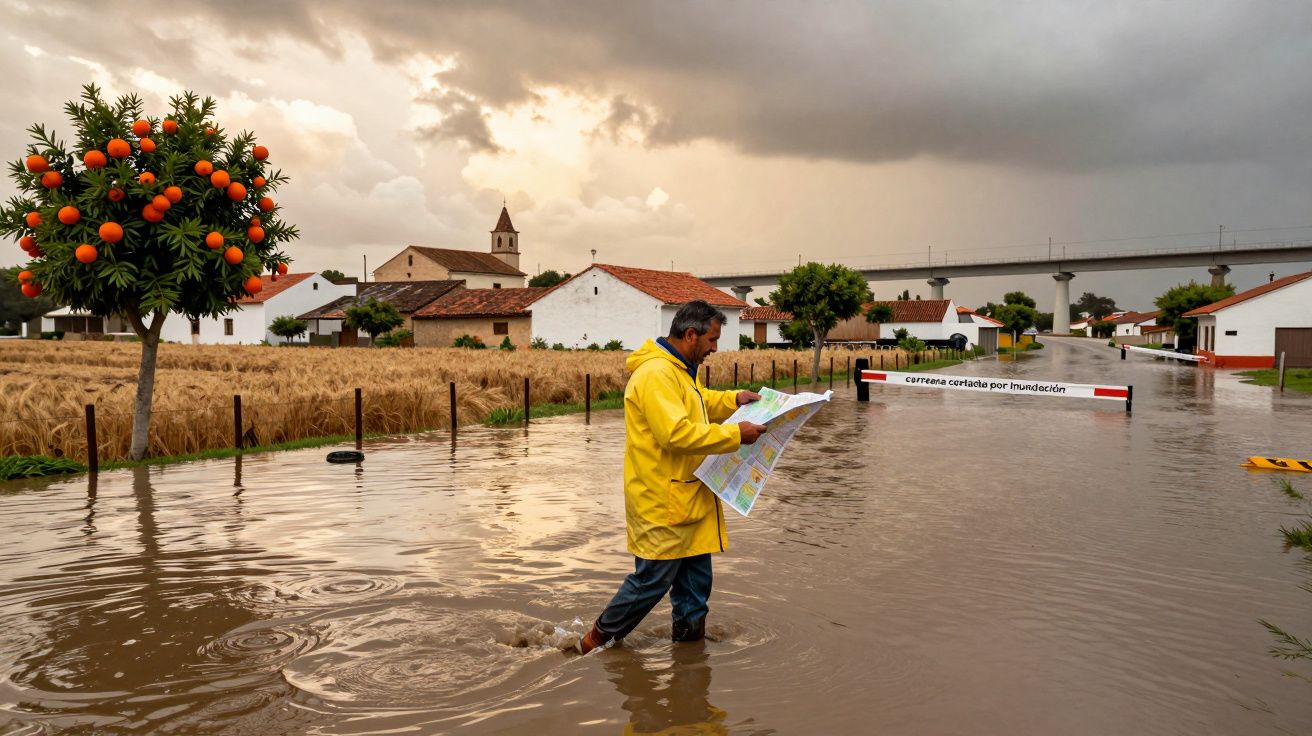 Homem de capa amarela com botas analisa mapa em zona inundada perto de casas brancas e árvore de laranjas.