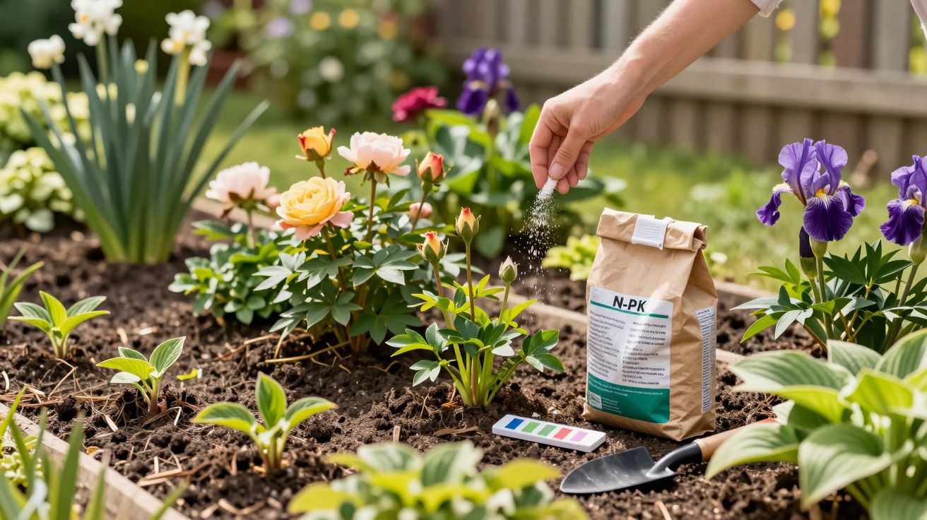 Pessoa a fertilizar flores num jardim com pacote de fertilizante e pequenas plantas ao redor.