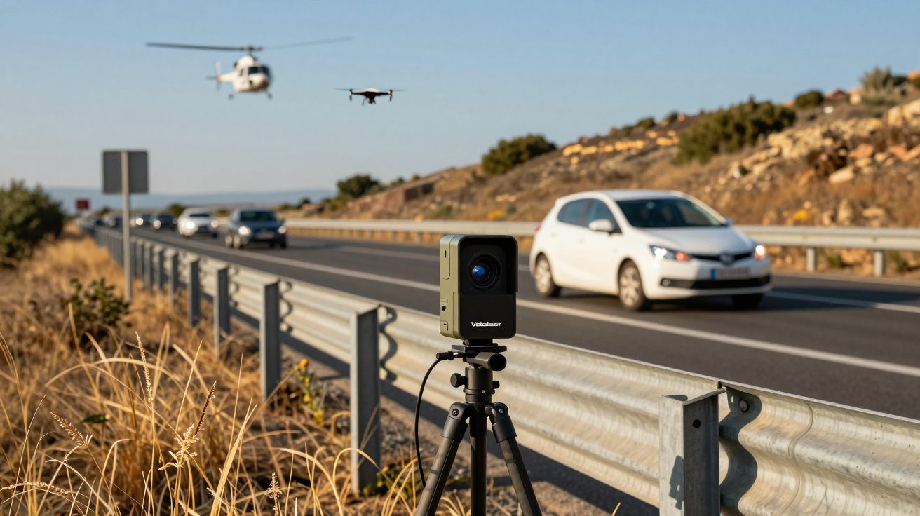 Radar de velocidade montado em tripé junto a estrada com carros, helicóptero e drone em voo.