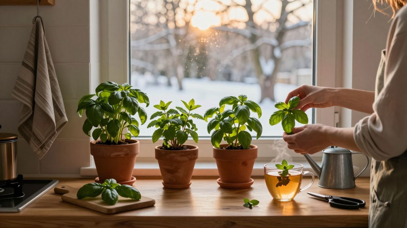 Plantas aromáticas em vasos iluminados por luz natural numa cozinha com vista para jardim nevado.