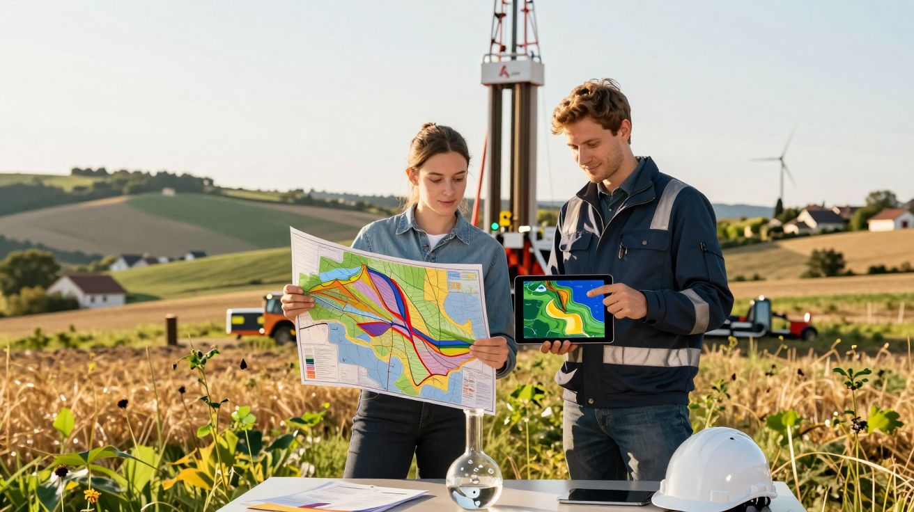 Dois engenheiros analisam mapas e dados em campo agrícola com turbinas eólicas ao fundo.