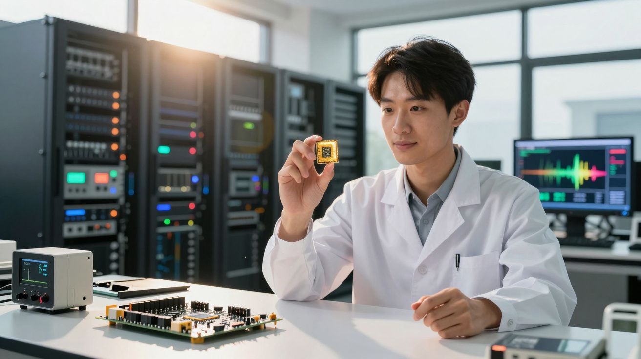 Homem em bata branca a examinar um microchip num laboratório tecnológico com computadores ao fundo.