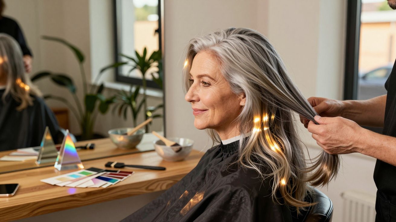 Mulher de cabelo grisalho sentada à cabeleireira, recebendo tratamento capilar num salão moderno.