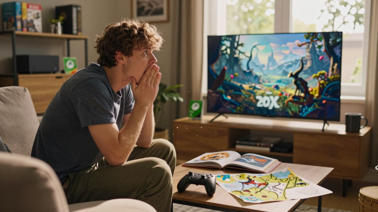 Jovem sentado no sofá, olhando preocupado para a televisão com jogo e comando na mesa à frente.
