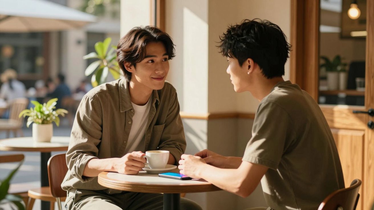 Duas pessoas sentadas numa cafetaria, a conversar e beber café, com luz natural a entrar pela janela.