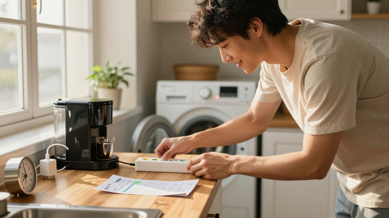 Homem em cozinha a ligar régua de tomadas com cafeteira perto e máquina de lavar ao fundo.