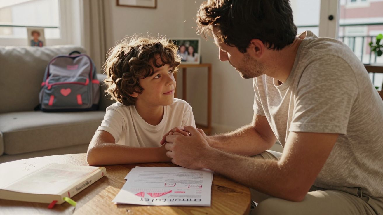 Pai e filho sentados à mesa, o pai segura as mãos do filho e eles trocam olhares de carinho.