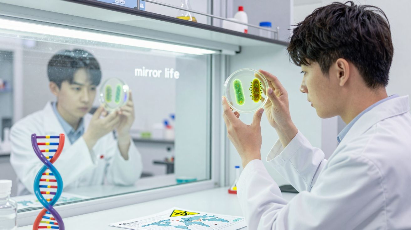 Cientista em laboratório a observar placas de Petri com bactérias coloridas à luz.