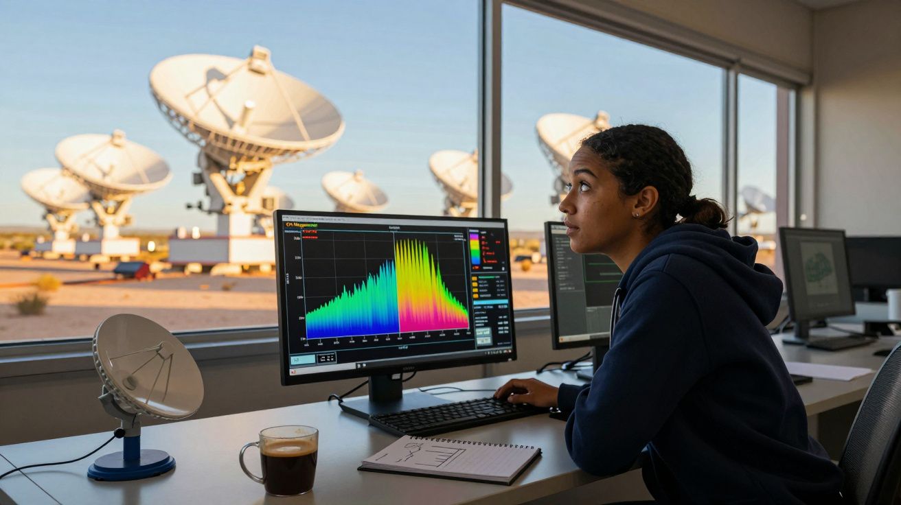 Mulher a analisar gráficos num computador numa sala com janelas para antenas parabólicas no exterior.