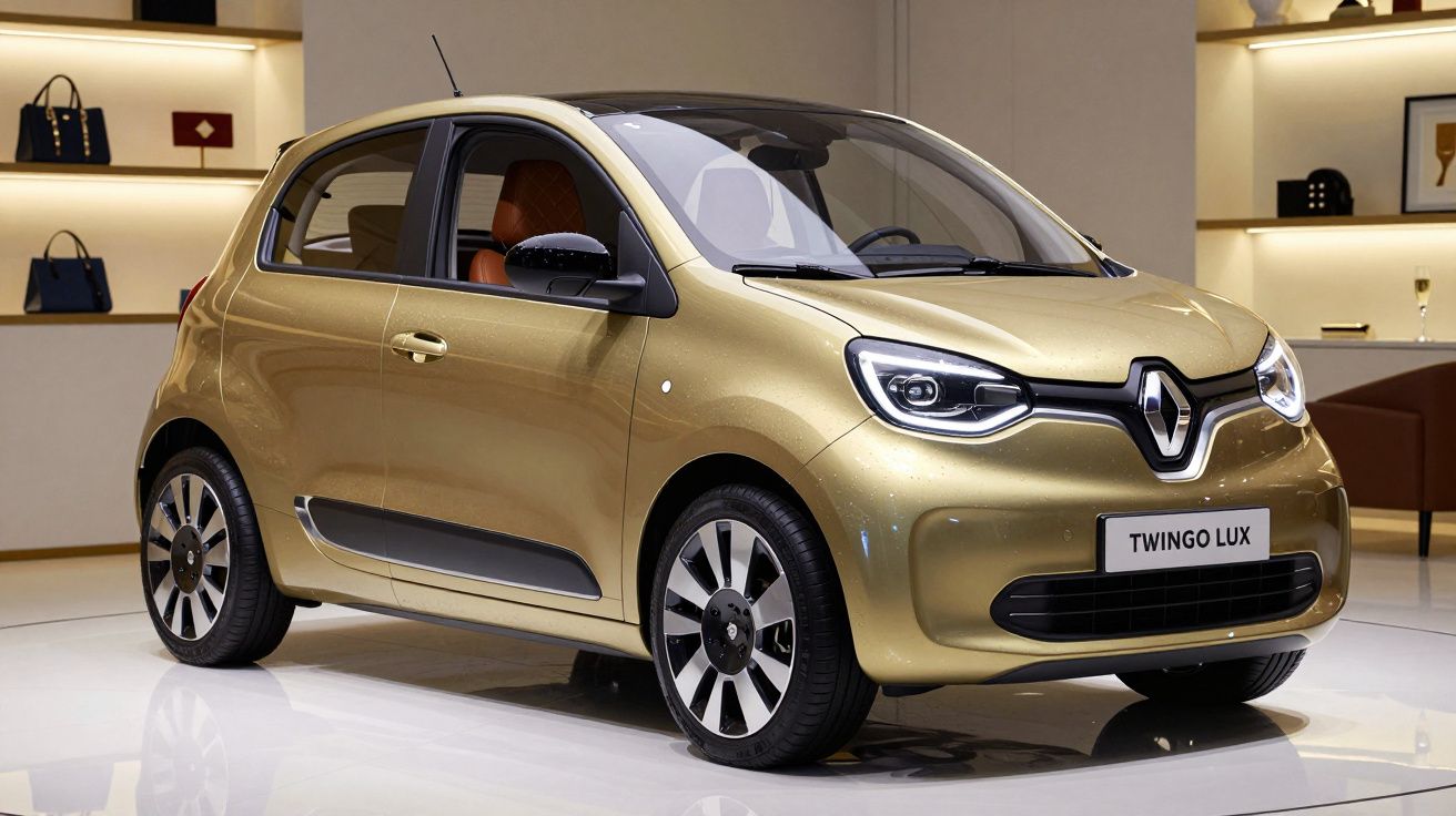 Carro Renault Twingo Lux dourado exposto em ambiente interior moderno e elegante.