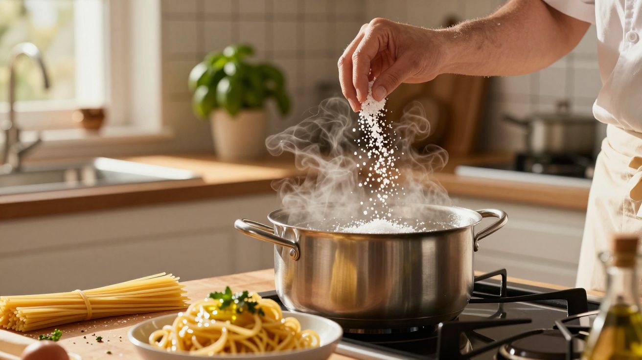 Mão a adicionar sal a uma panela com água a ferver numa cozinha moderna, com esparguete e prato de massa na bancada.