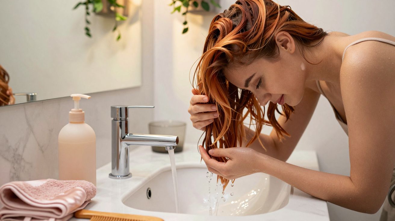 Mulher lava o cabelo com água na pia de uma casa de banho moderna.