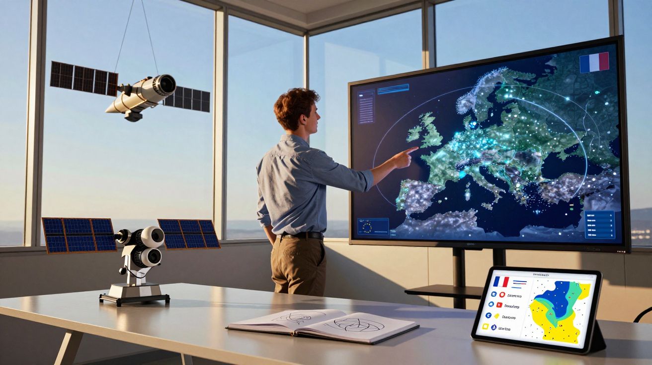 Homem numa sala moderna analisa mapa digital da Europa com satélites e tablet sobre a mesa.