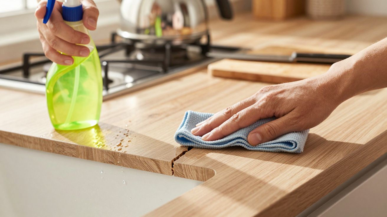 Mãos a limpar uma bancada de madeira clara com pano azul e spray verde em cozinha.