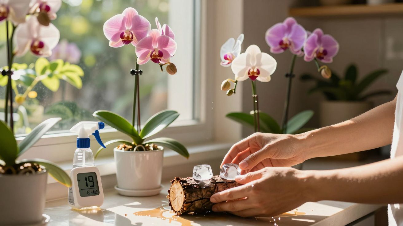 Mãos a colocar cubos de gelo num tronco junto a orquídeas brancas e rosas num peitoril de janela iluminado.