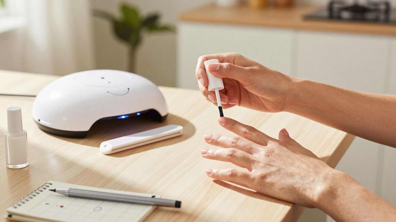 Pessoa a pintar as unhas com verniz transparente numa mesa com lâmpada UV e notas.