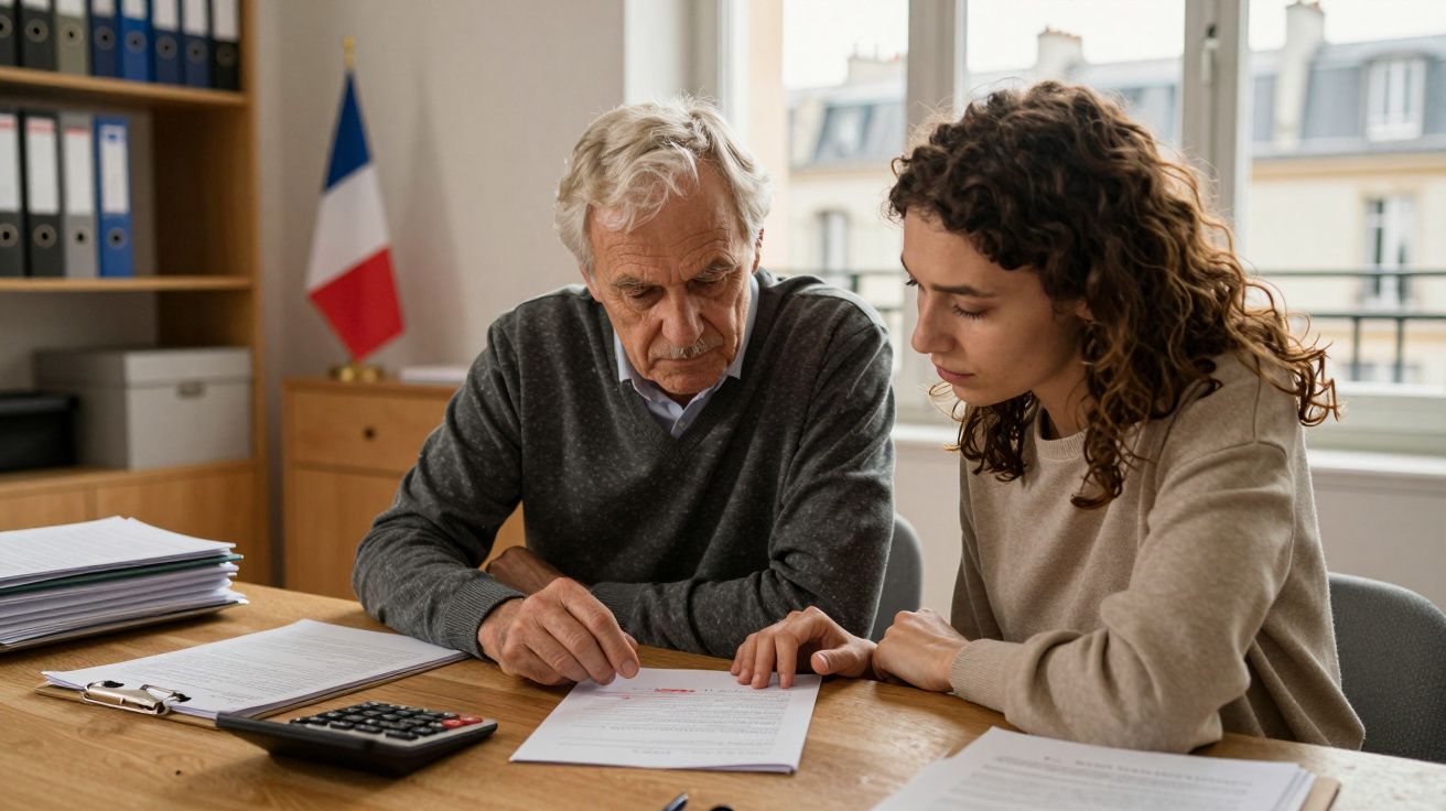 Homem sénior e mulher jovem sentados à mesa, analisando documentos numa sala com porta-estandarte francês.