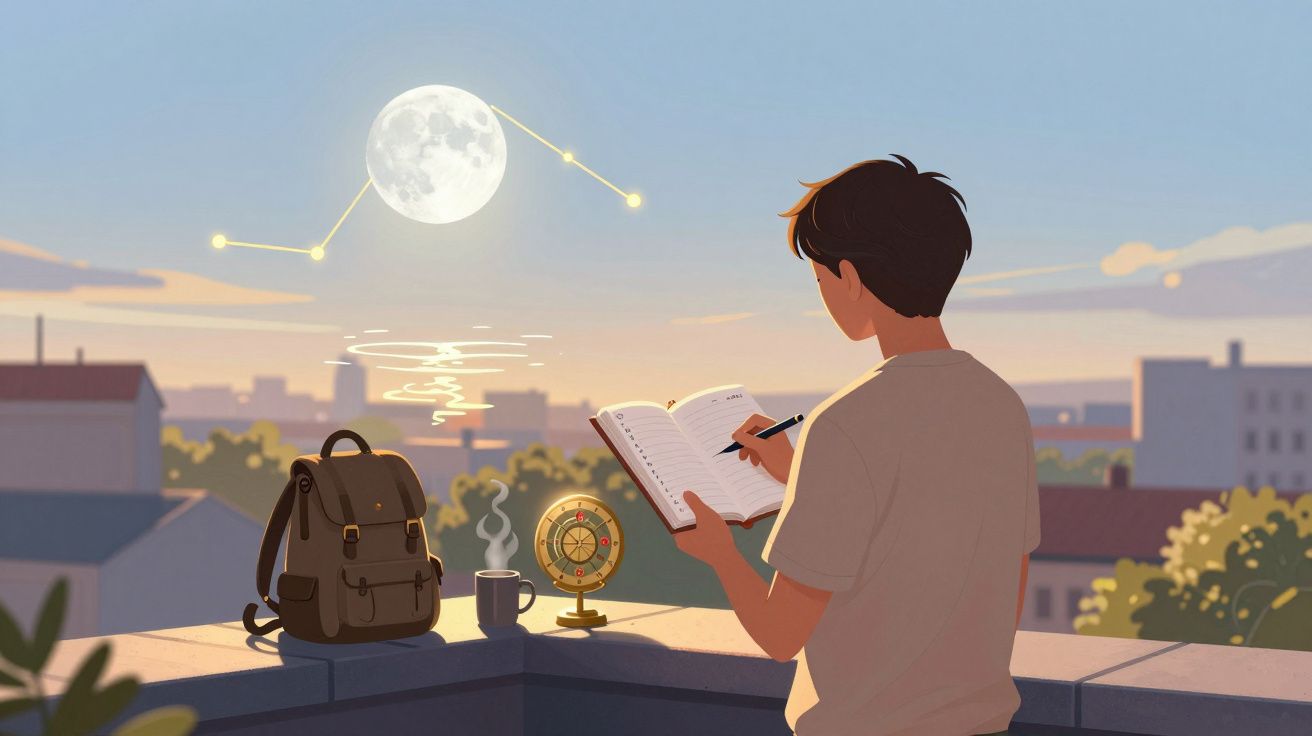 Jovem escreve num caderno ao ar livre ao pôr do sol, com mochila, bússola e lua com constelação visível.