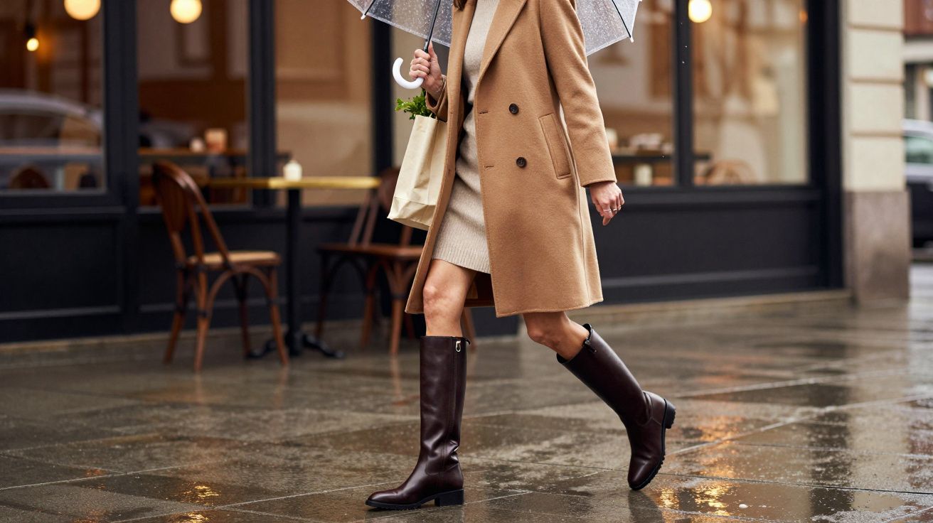 Pessoa a andar na rua molhada, com casaco castanho, botas pretas e a segurar um guarda-chuva transparente.