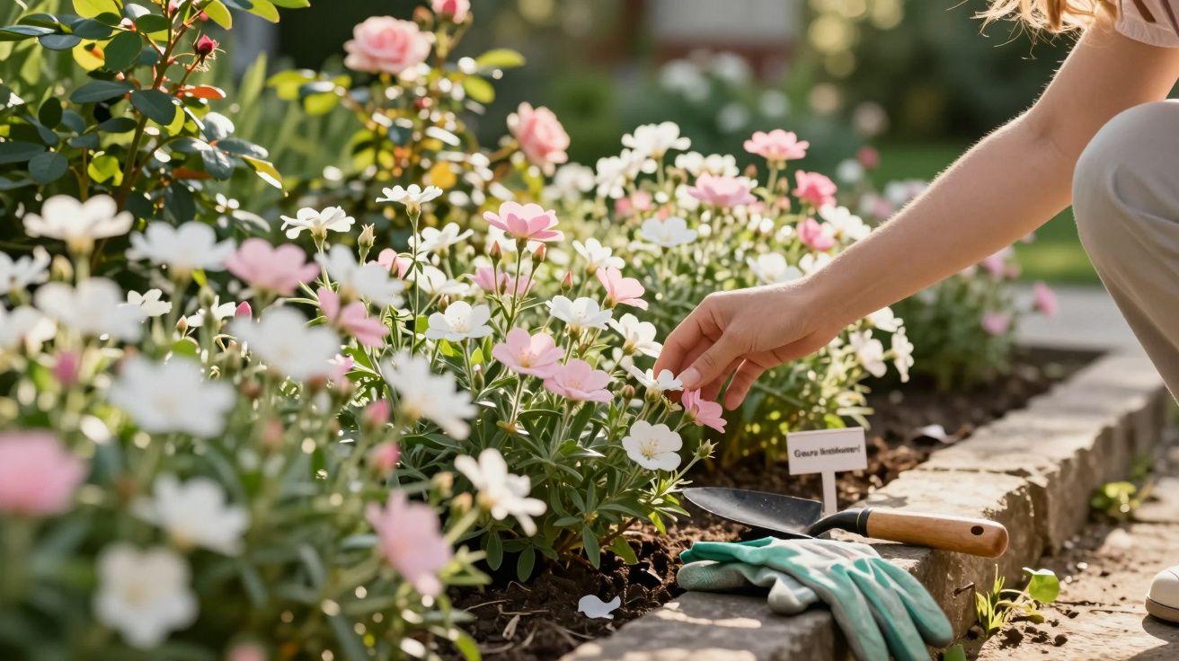 Pessoa a cuidar de flores cor-de-rosa e brancas num canteiro de jardim ao ar livre.