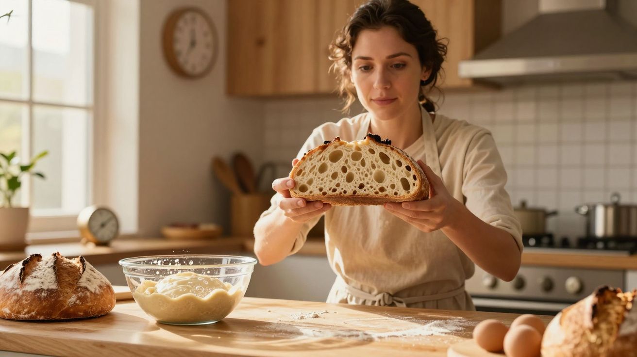 Mulher numa cozinha a segurar meio pão caseiro fresco, com tigela de farinha e ovos na bancada.