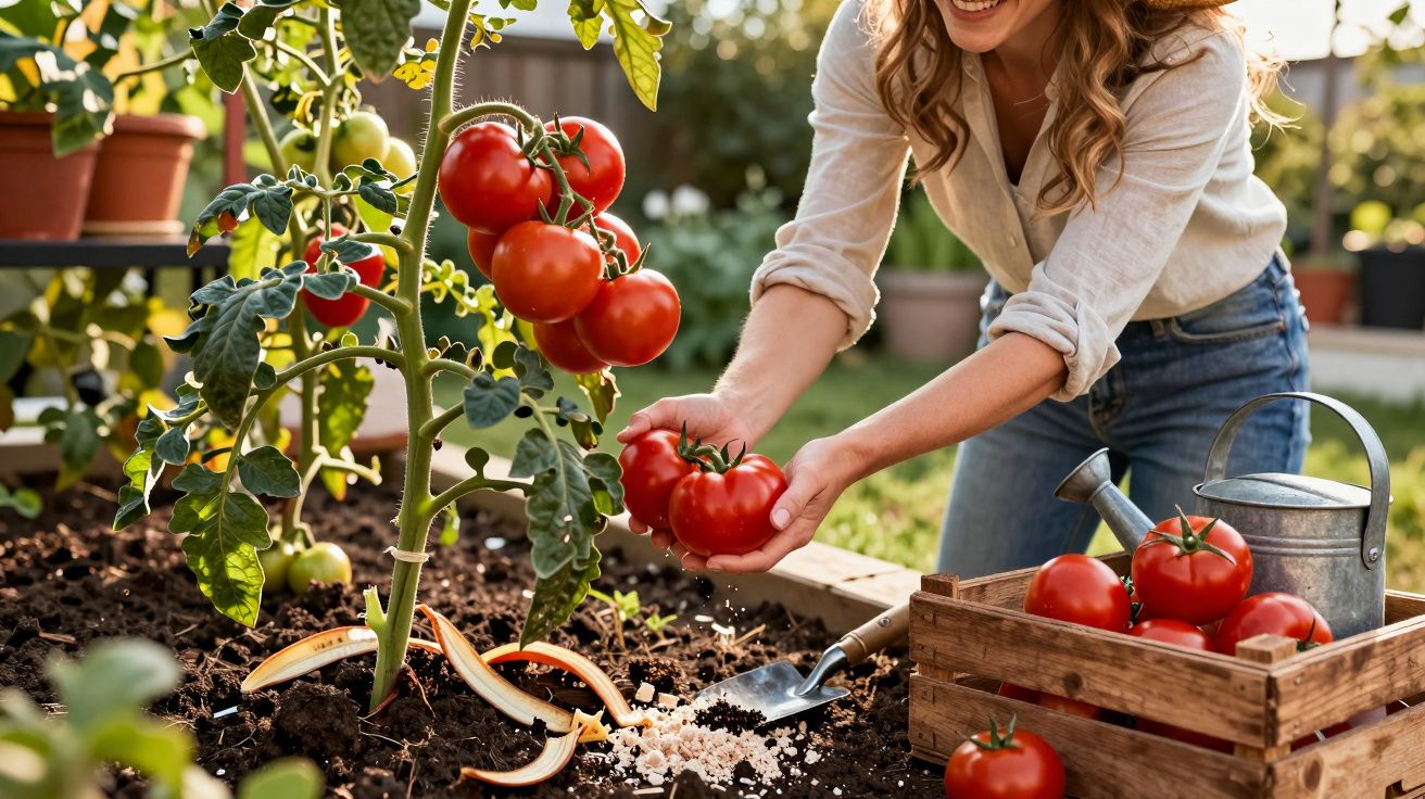 Mulher a colher tomates maduros numa horta urbana com caixa de madeira e regador ao lado.