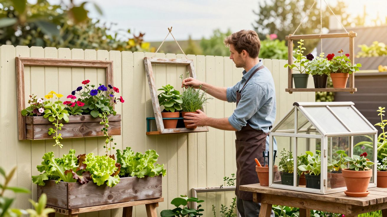 Homem cuida de plantas em vasos decorativos pendurados numa cerca branca num jardim ensolarado.