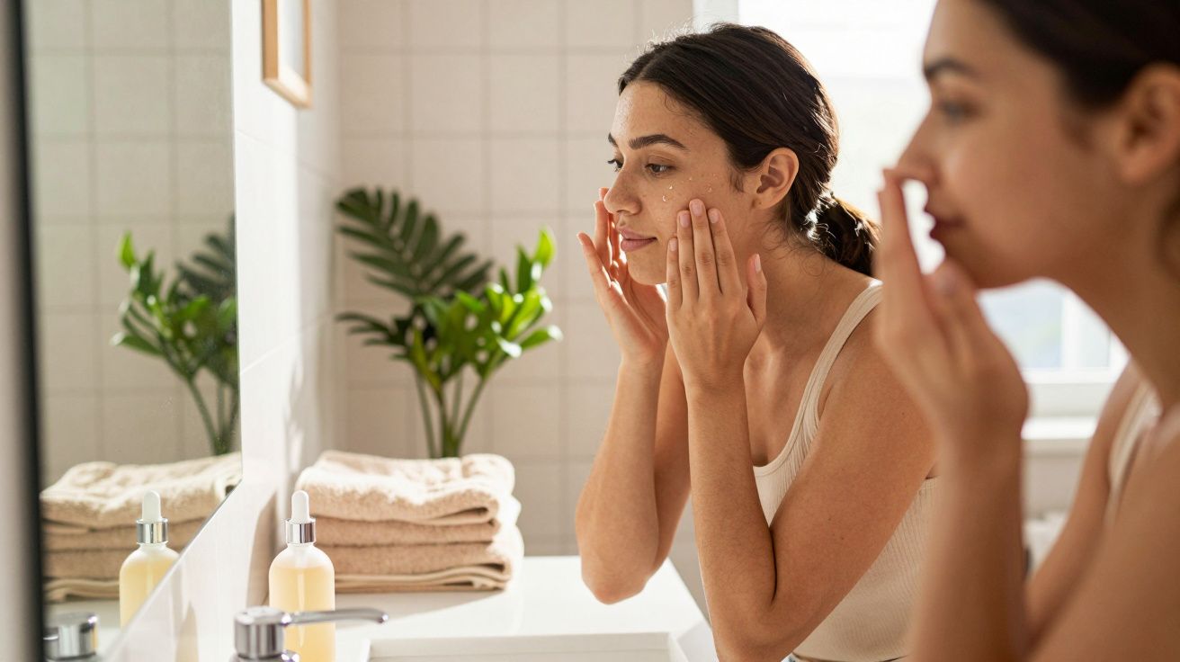 Mulher aplica creme facial em casa, em frente ao espelho, no lavatório de casa de banho.