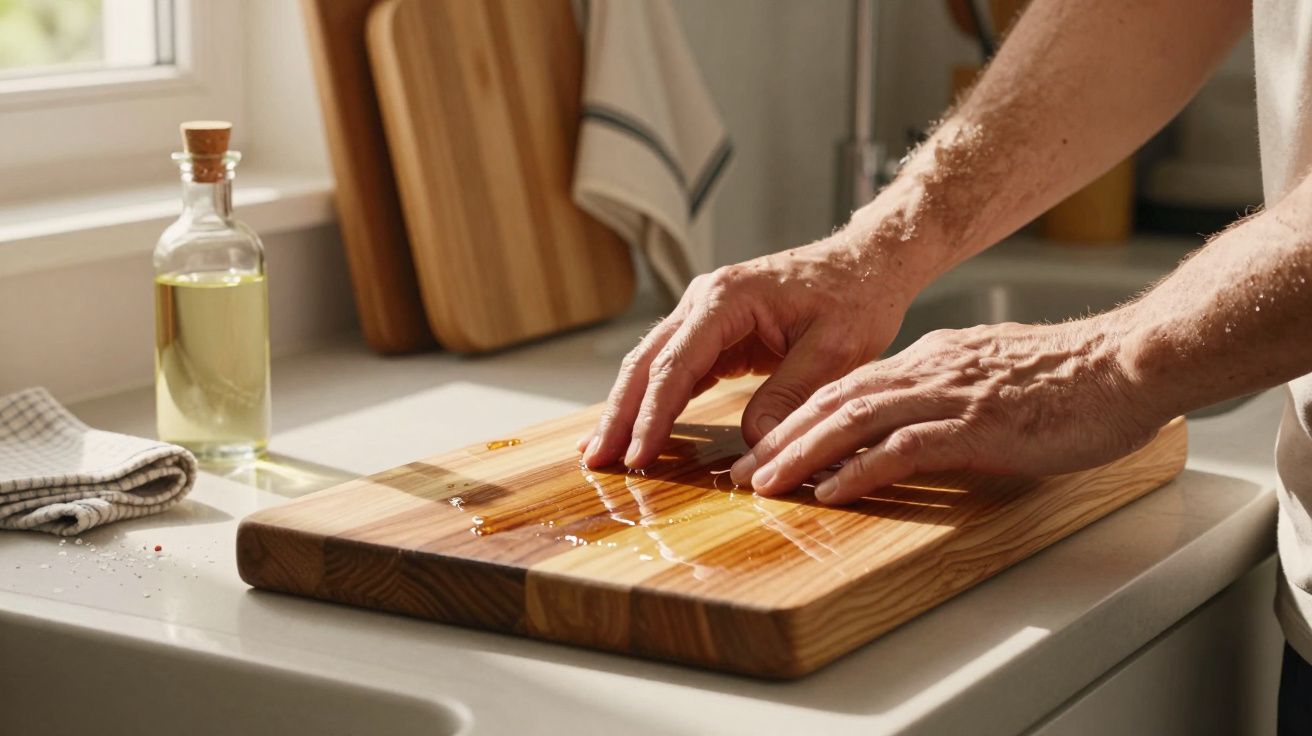 Mãos a secar um tabuleiro de cortar de madeira com um pano numa cozinha bem iluminada.
