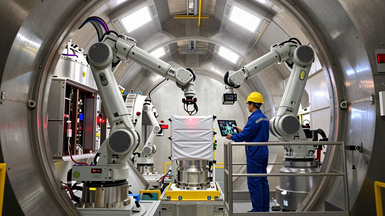 Engenheiro com capacete amarelo controla braços robóticos num laboratório industrial futurista de metal.