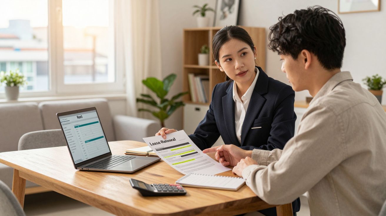 Duas pessoas a discutir documentos num escritório com portátil, calculadora e materiais de escritório na mesa.