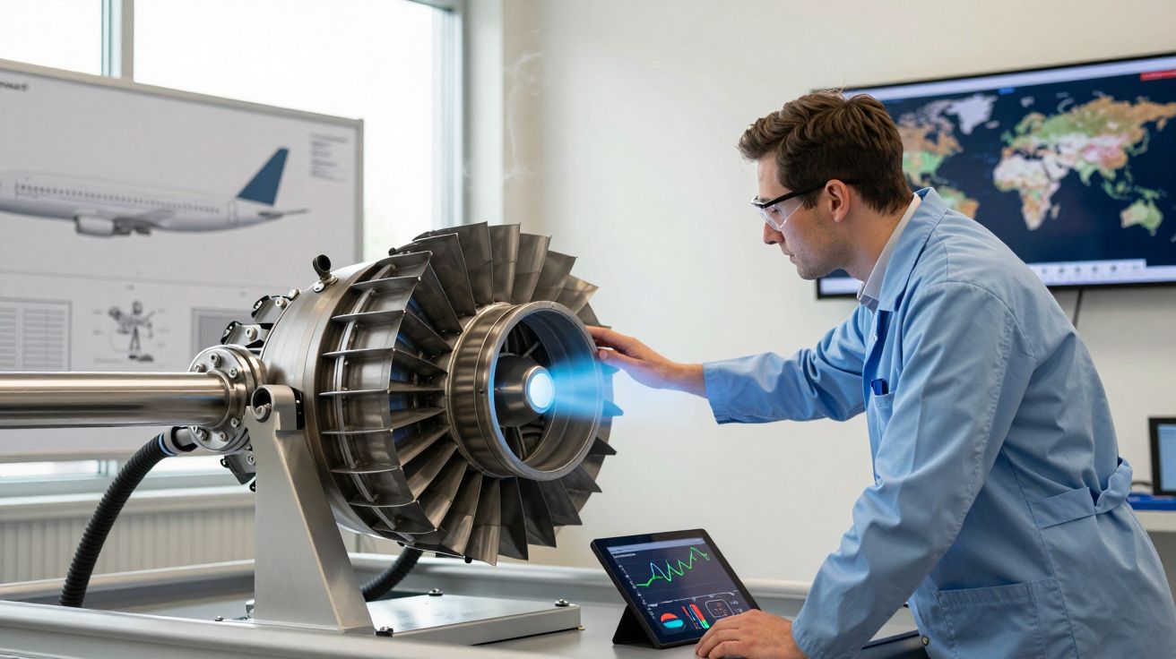 Engenheiro inspeciona turbina de motor de avião em laboratório com gráficos digitais.