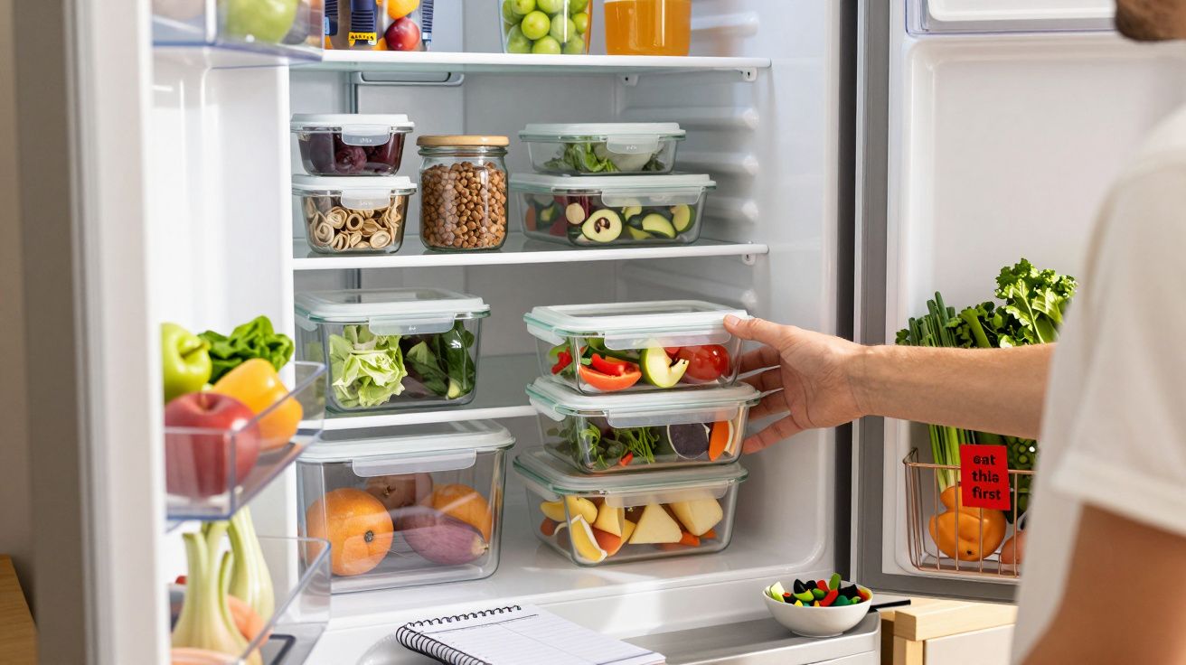 Interior de um frigorífico organizado com várias caixas transparantes cheias de frutas e legumes frescos.