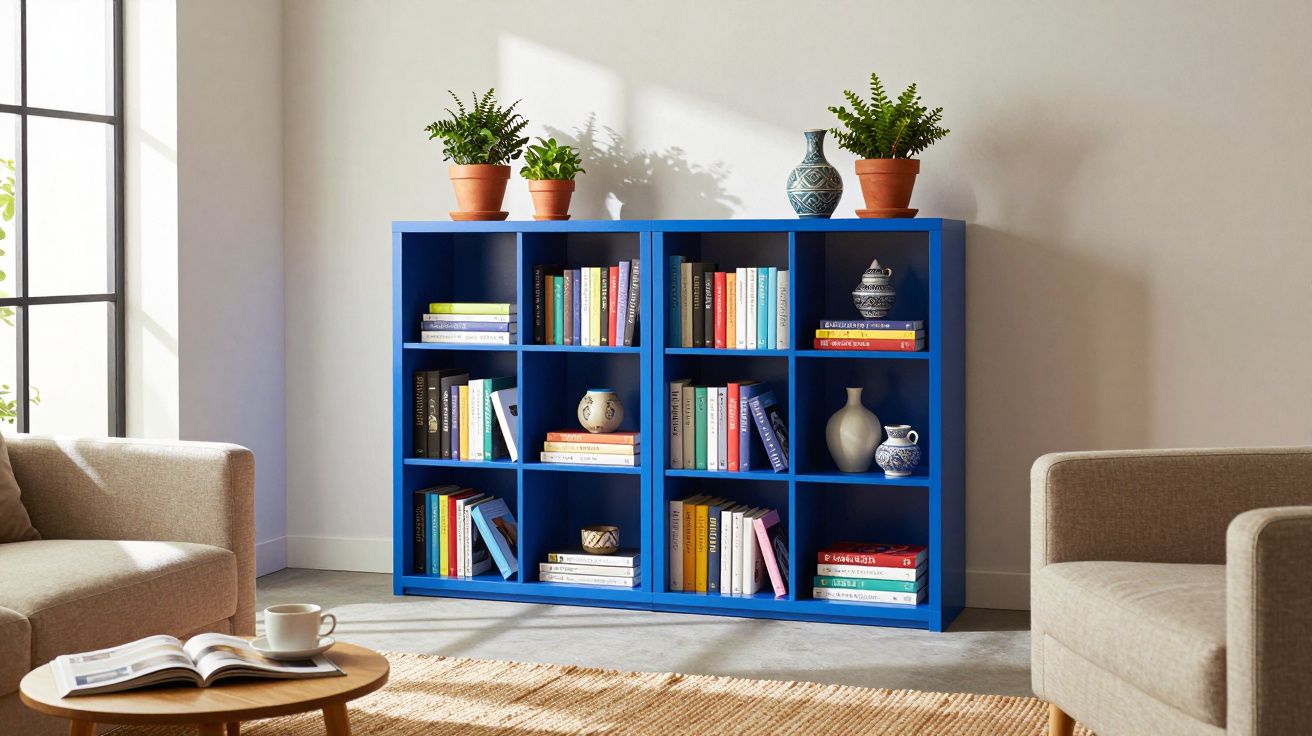 Estante azul com livros, vasos decorativos e plantas, entre dois sofás numa sala bem iluminada.