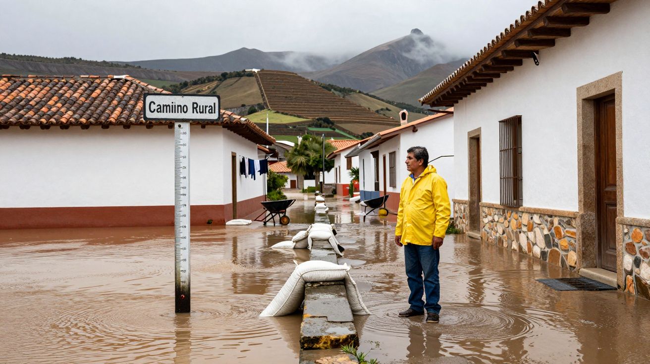 Rua rural inundada com homem de impermeável amarelo a observar e montanhas ao fundo com céu nublado.