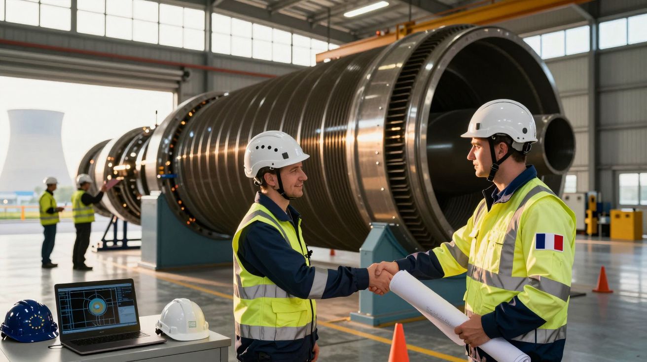 Dois engenheiros com capacetes e coletes refletores cumprimentam-se numa fábrica com turbinas industriais.