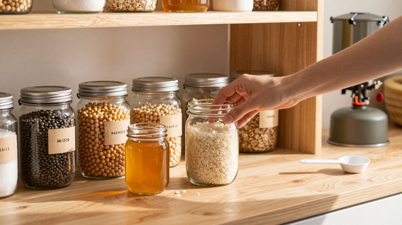 Prateleira com frascos de vidro contendo grãos, arroz e um frasco de mel, mão a pegar arroz.