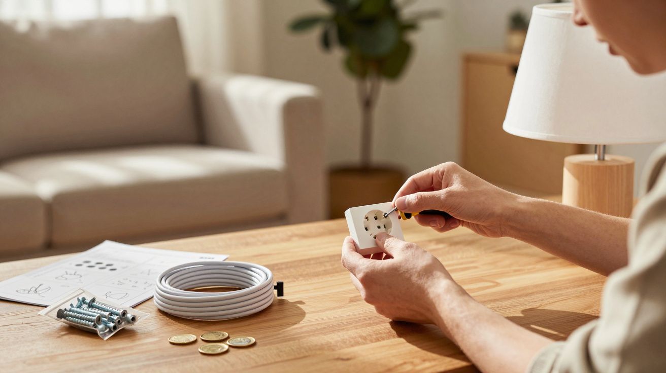 Pessoa a montar uma tomada elétrica numa mesa com ferramentas, parafusos e instruções ao fundo.