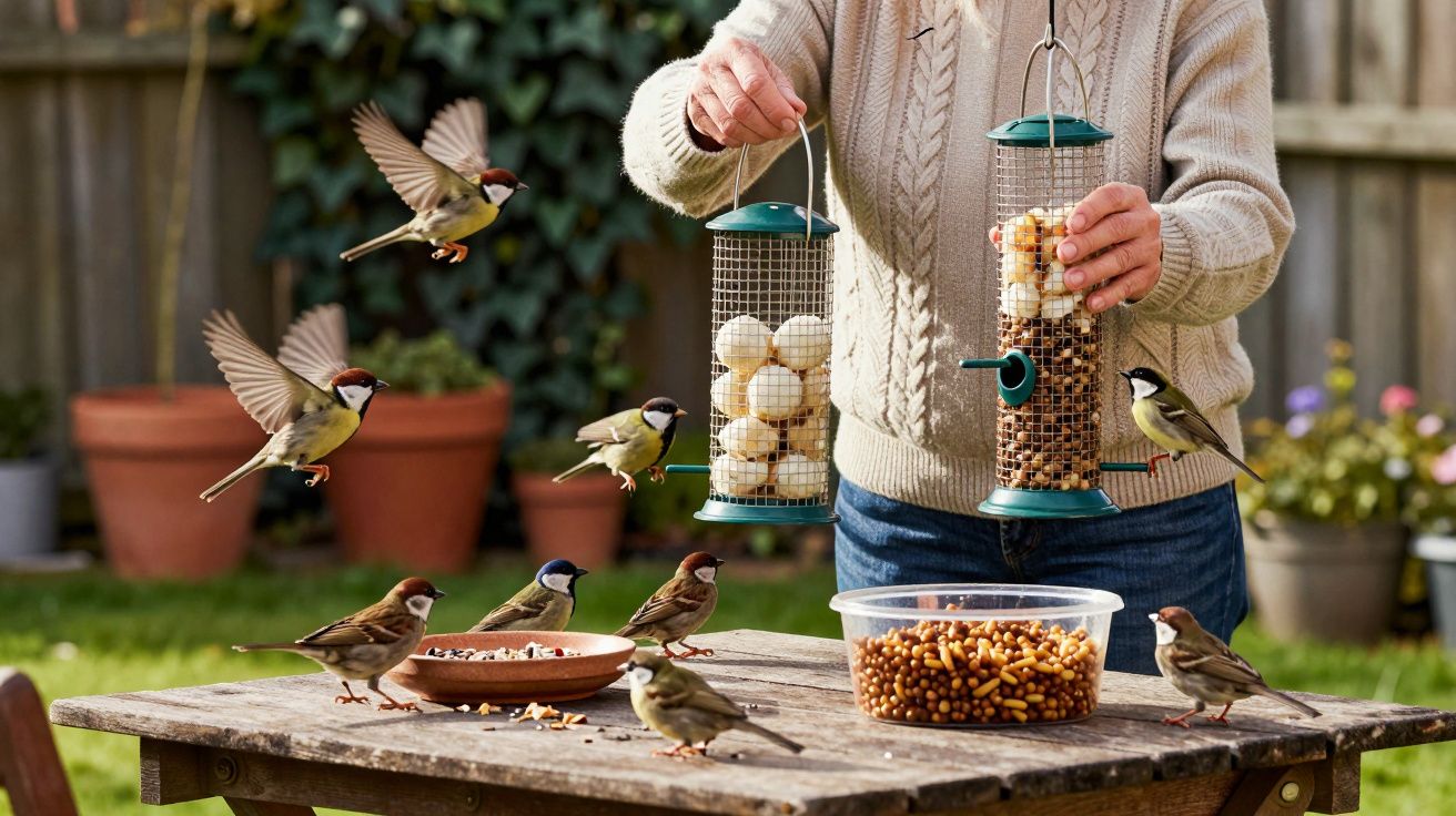 Pessoa a alimentar pássaros com comedouros e sementes num jardim com vasos e plantas.
