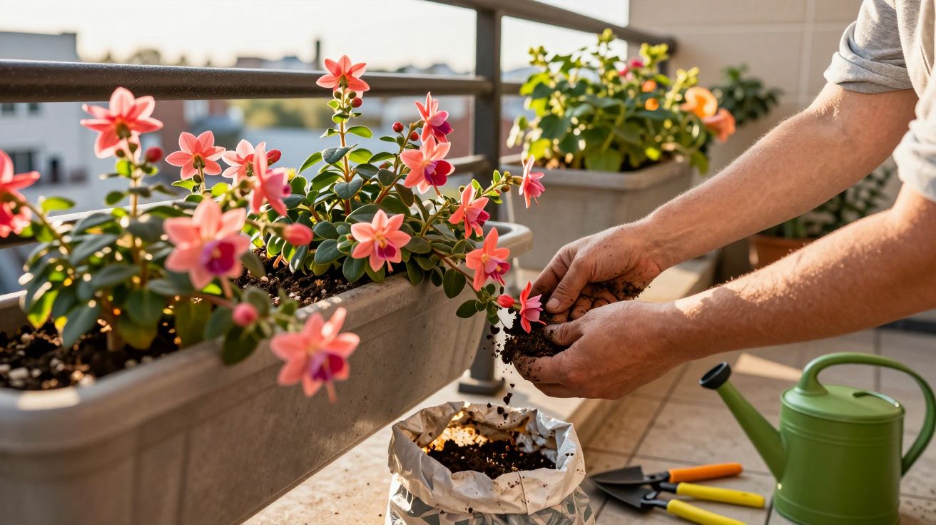 Mãos a cuidar de flores cor-de-rosa num vaso na varanda com ferramentas e regador verde ao lado.