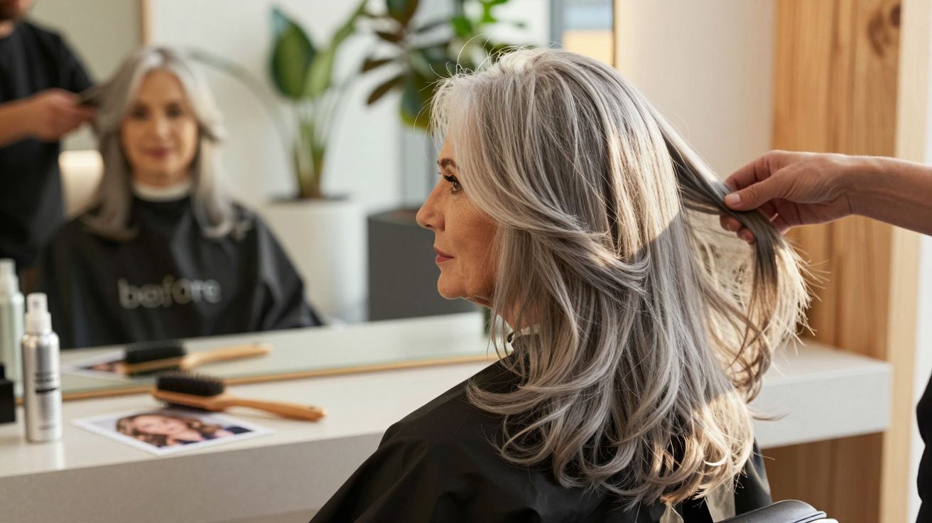 Mulher com cabelo grisalho sendo penteada num salão de cabeleireiro, refletida no espelho.