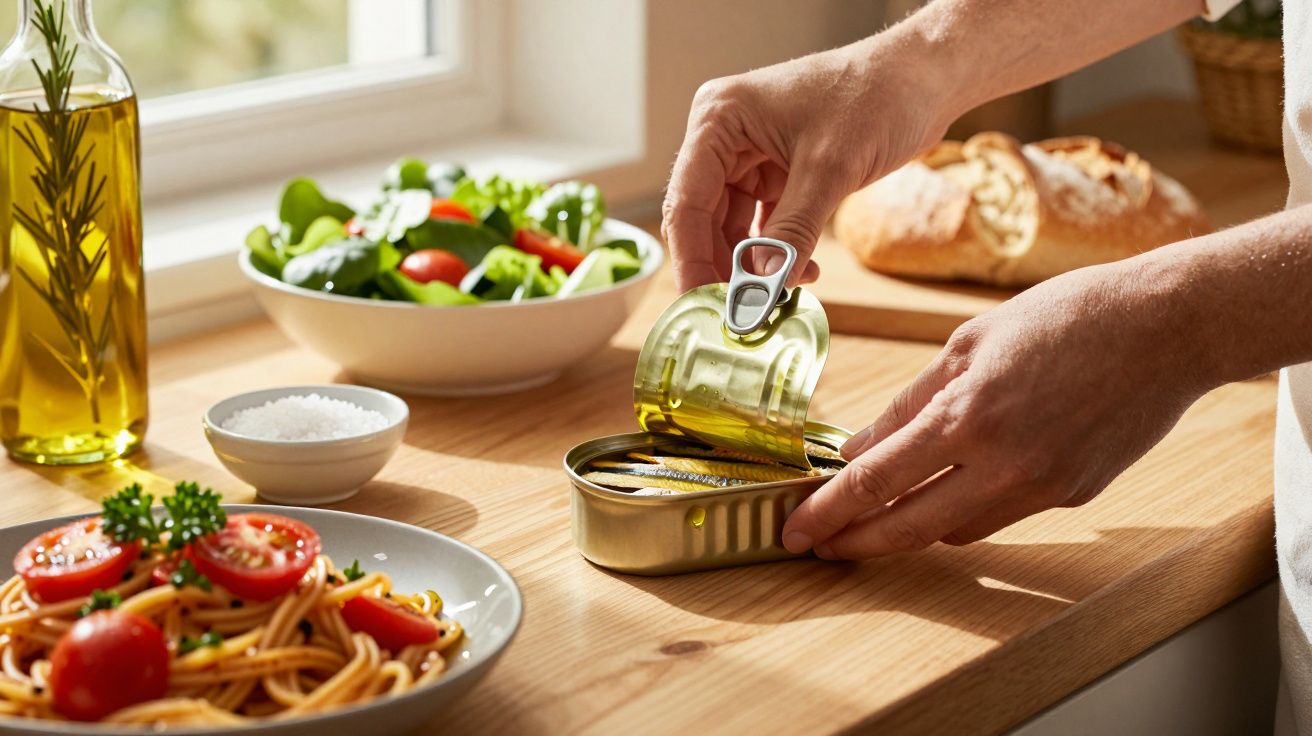 Pessoa a abrir uma lata de sardinhas em cima de uma bancada com comida pronta e salada ao fundo.