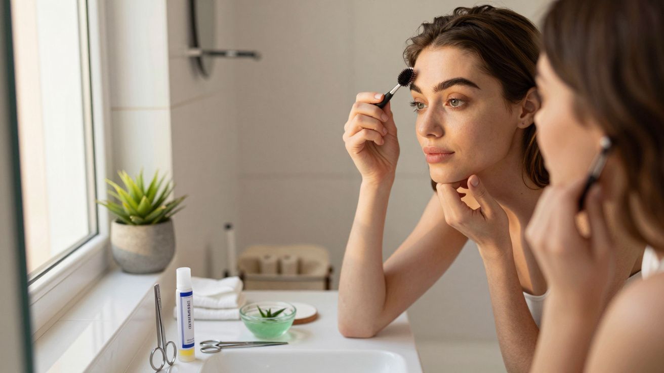Mulher a pentear as sobrancelhas com escova em frente ao espelho num ambiente de casa de banho.