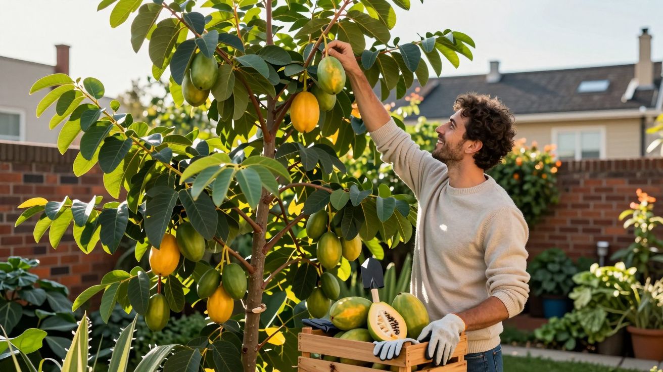 Homem a colher mamões maduros numa árvore no jardim de casa com caixa de madeira ao lado.
