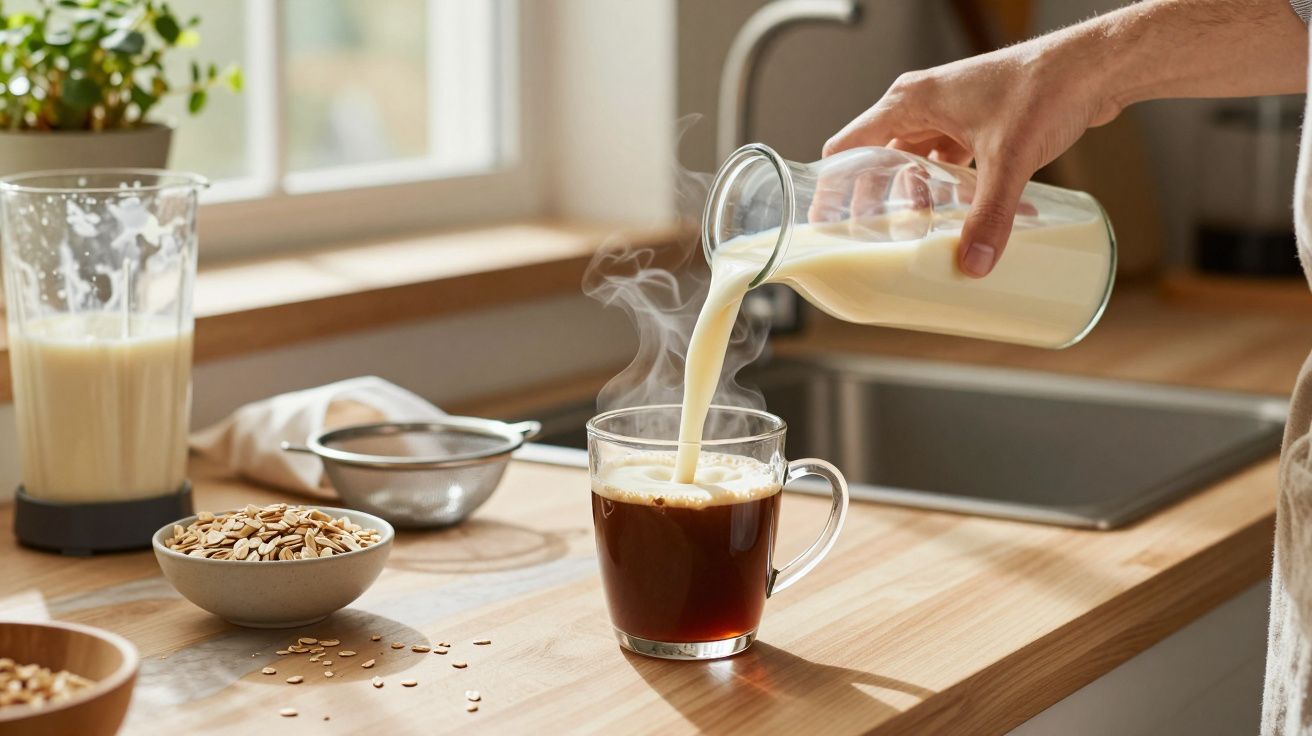 Mão a verter leite quente num chávena de café numa cozinha com aveia e coador na bancada.