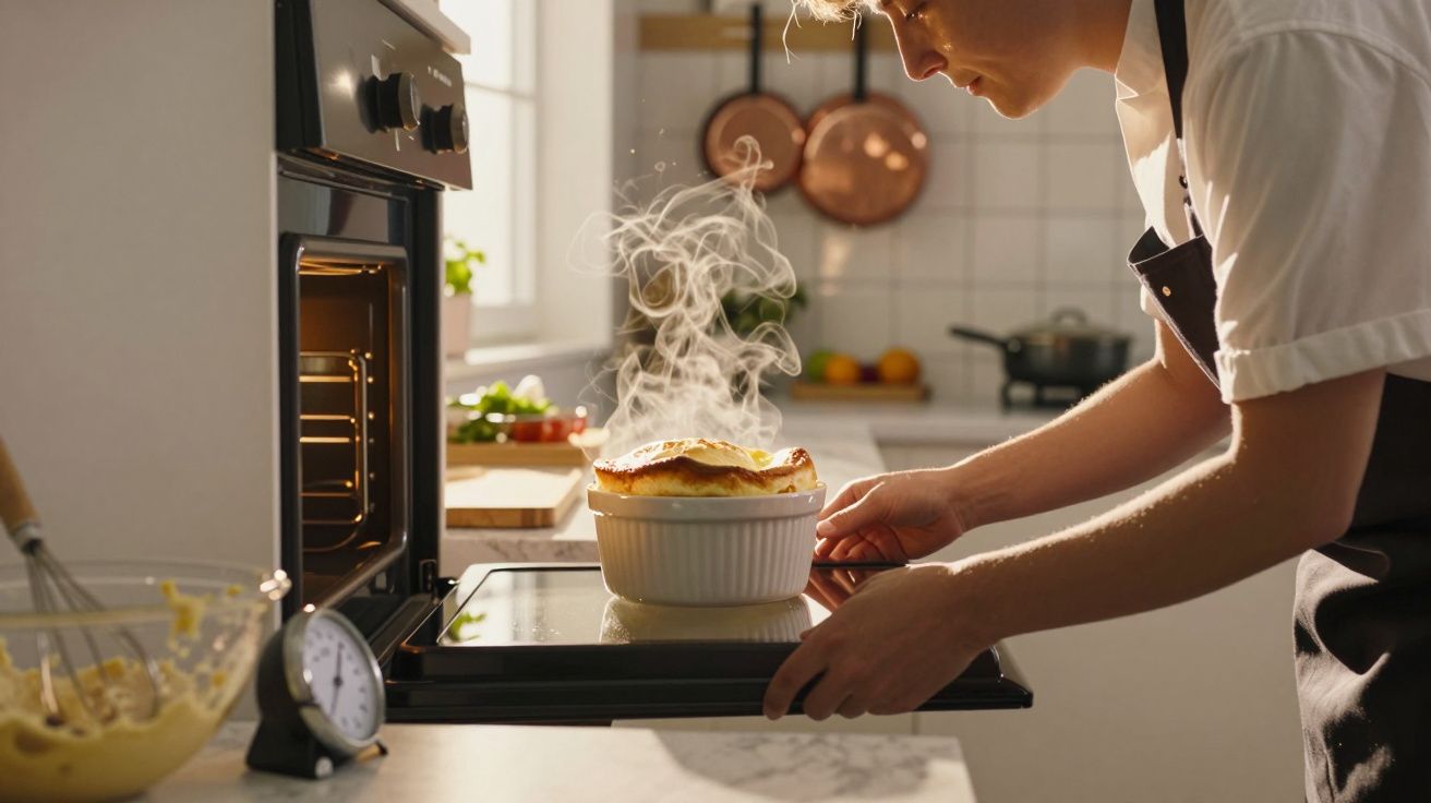 Pessoa a retirar do forno um prato quente com vapor numa cozinha iluminada.
