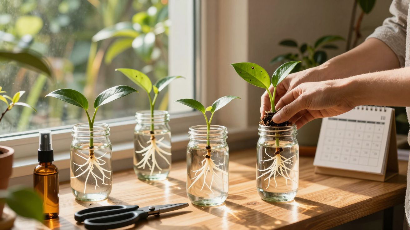 Mãos a transplantar uma muda com raízes em frascos de vidro junto à janela num ambiente iluminado.