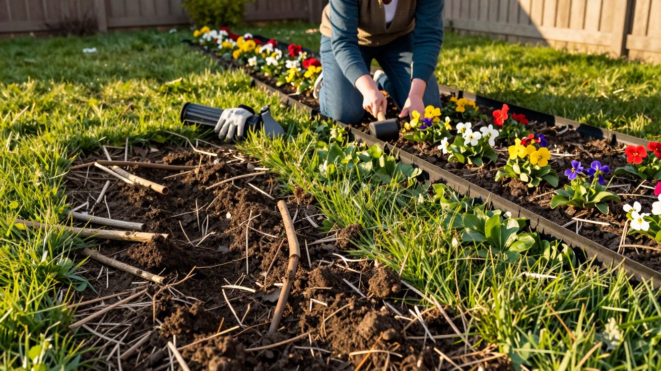 Pessoa a plantar flores coloridas numa pequena horta em solo preparado e relvado num jardim.