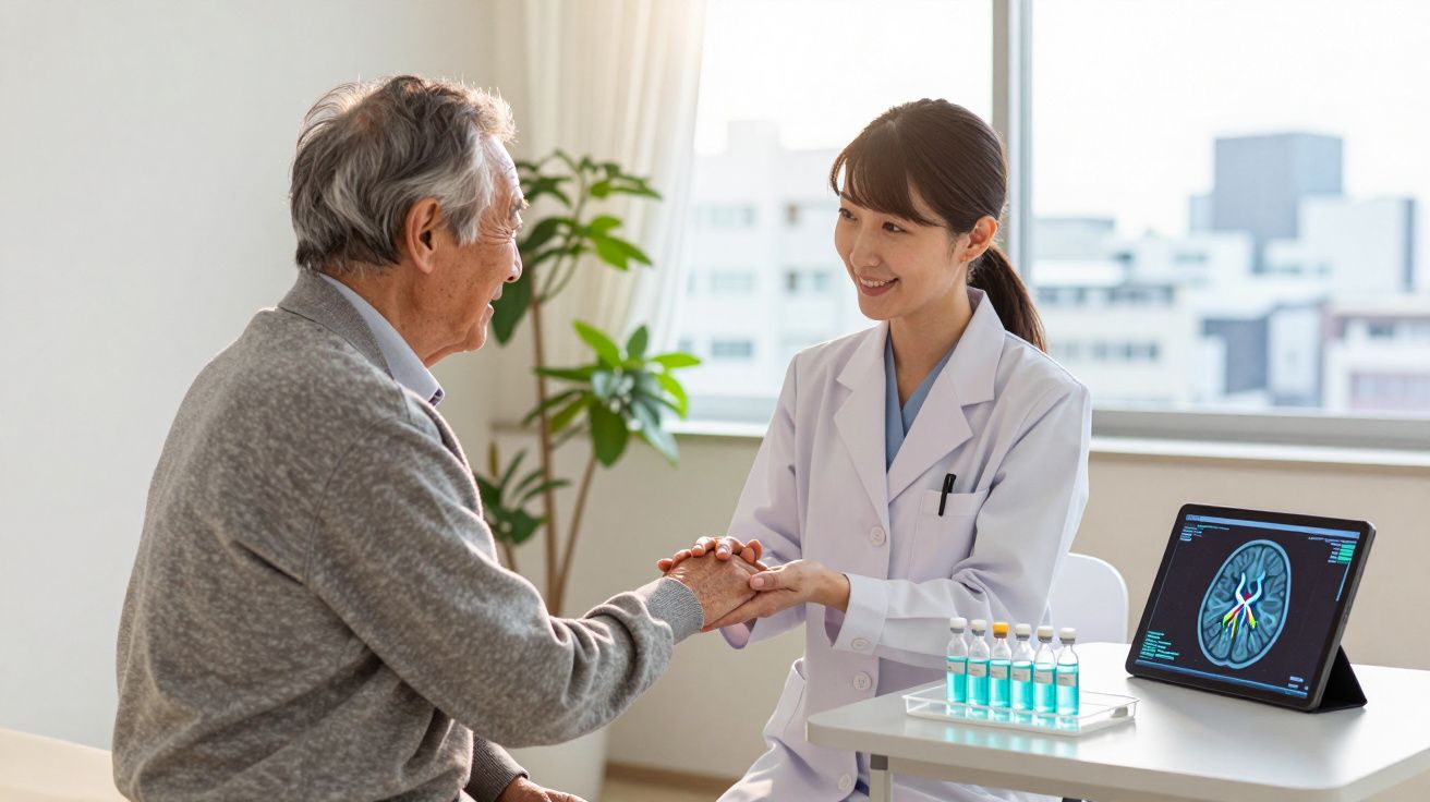 Médica a sorrir segura a mão de homem idoso numa consulta, com ecrã de imagem cerebral e frascos azuis na mesa.